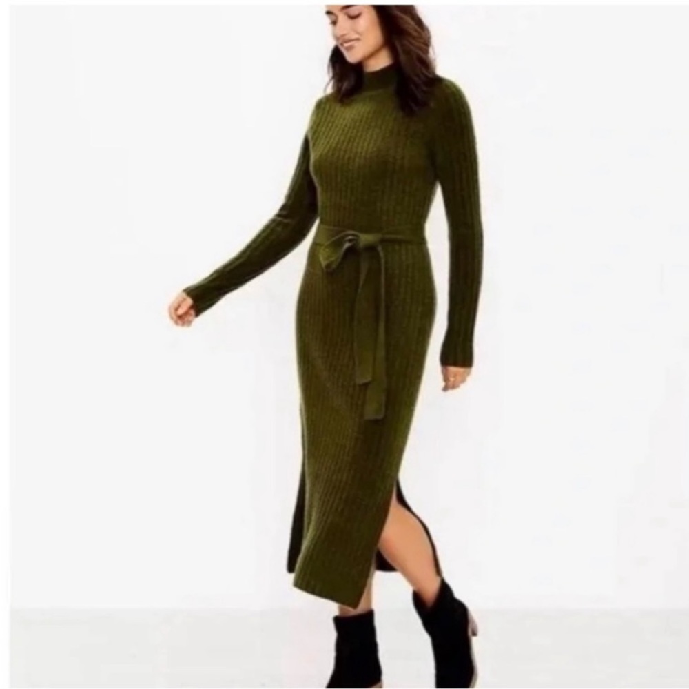 NWT Olive Green LOFT Midi Ribbed Sweater Dress M